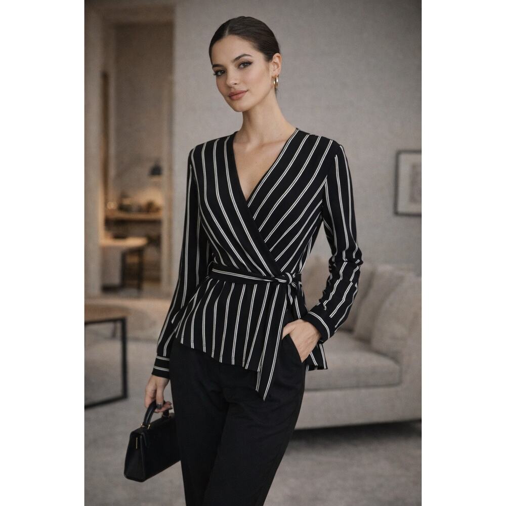H&M Black & White Striped Wrap Blouse Size S | Long Sleeve Office Siren Minimal